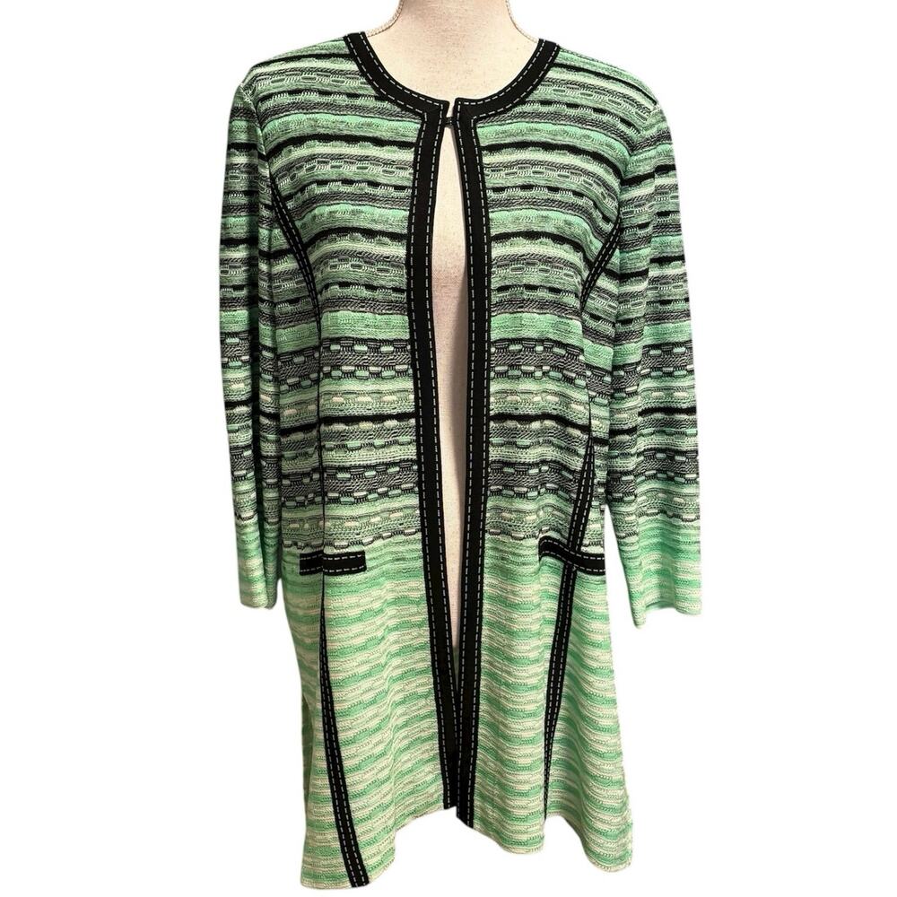 Ming Wang Size XL Longline Cardigan Sweater Green Black Knit